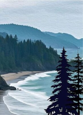 Featured paint night design: waves rolling into a bay framed by trees.