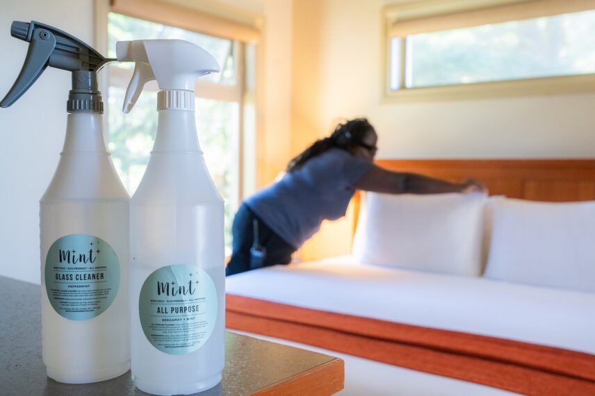 Environmentally friendly cleaning products in use as housekeeping prepares a guest room.
