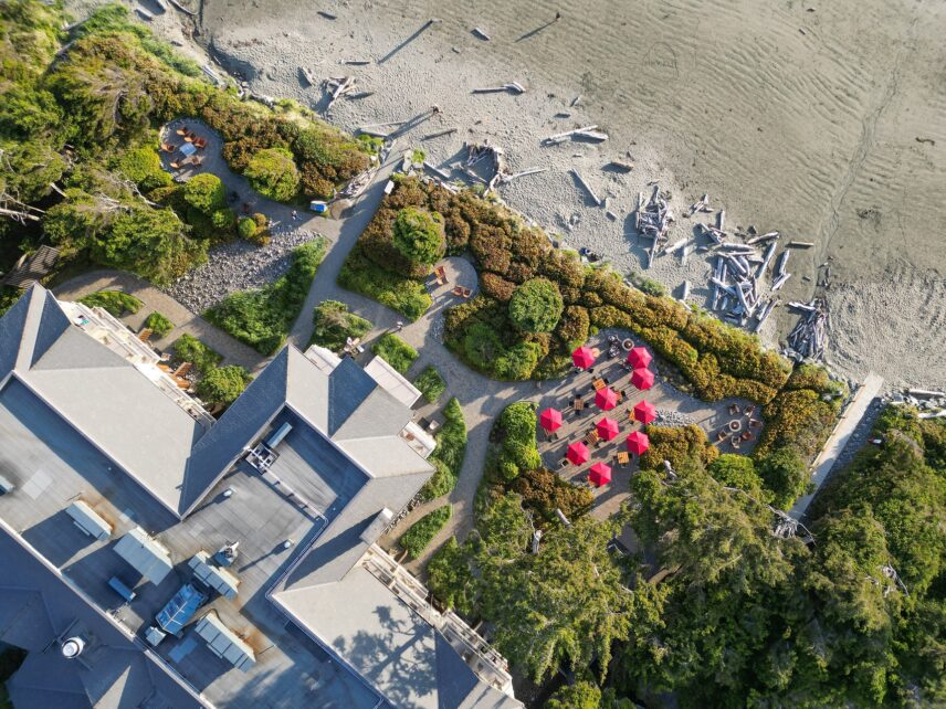 Aerial view of Long Beach Lodge Resort in Tofino, just steps from the beach, ideal for a coastal getaway from Vancouver.