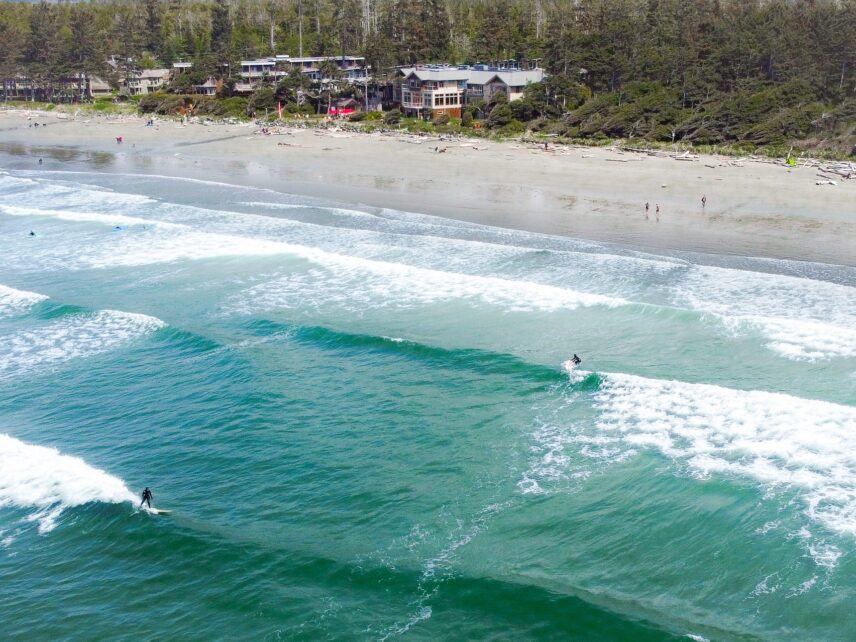 Aerial view of Cox Bay in the summer.